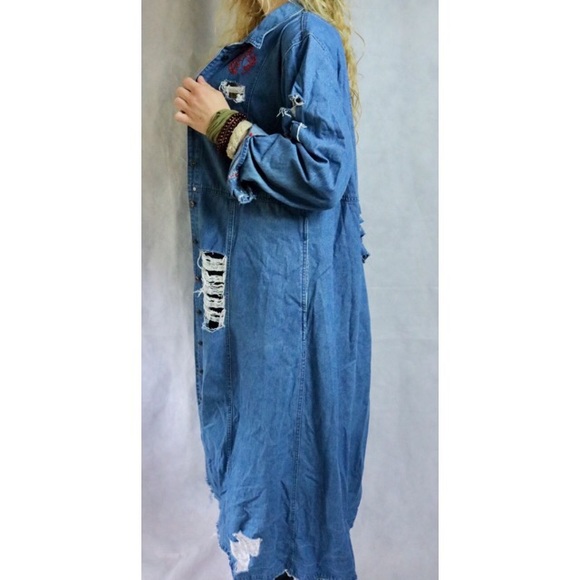 VINTAGE Long Maxi Denim Embroidery Rose Jacket - Picture 5 of 8